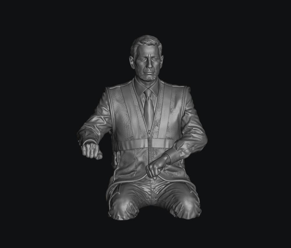 3D render of a male train driver miniature in a grey resin finish, featuring a high-vis vest and cut-leg design.