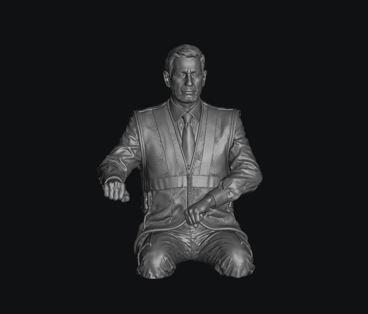 3D render of a male train driver miniature in a grey resin finish, featuring a high-vis vest and cut-leg design.