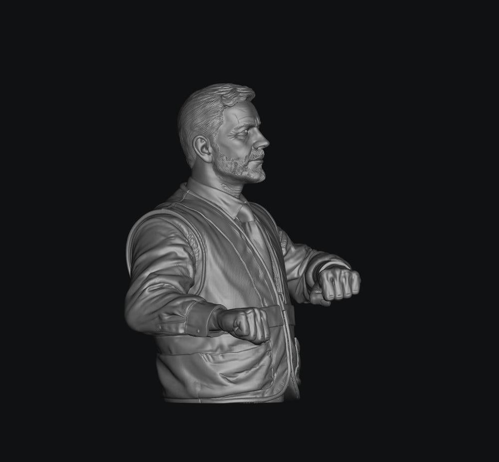Unpainted grey 3D resin model of a male train driver in a vest, shown from the waist up in a side profile view.