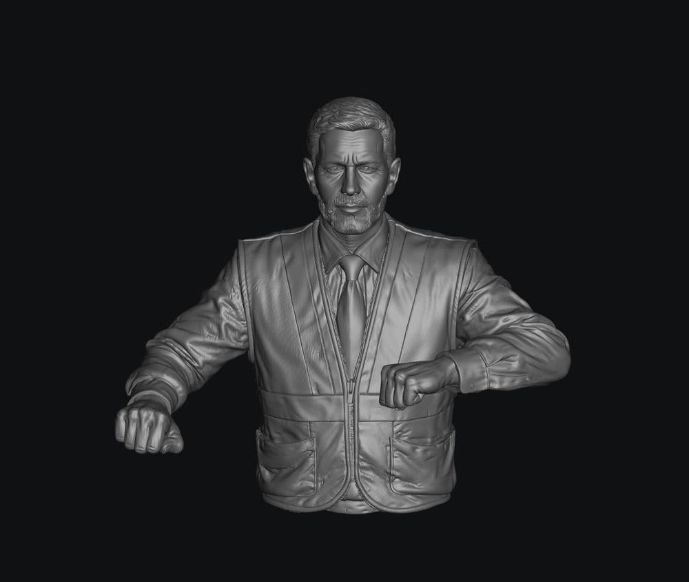 Unpainted grey resin 3D model of a male train driver wearing a vest and tie, shown from the waist up.