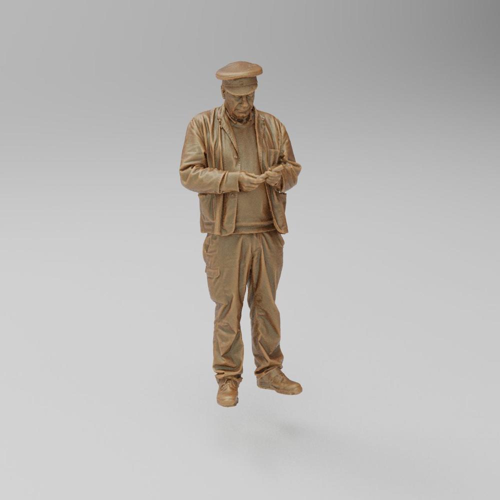 Unpainted terracotta resin scale model of a train driver wearing a cap and jacket, standing in a casual pose.