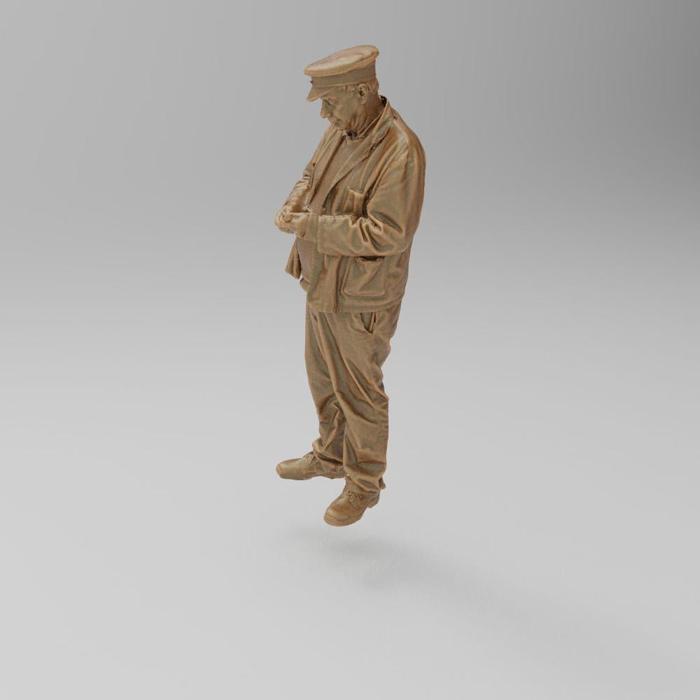 Unpainted 3D printed resin miniature of a train driver in a cap and jacket, standing in a neutral clay color.