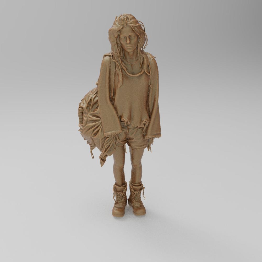 Unpainted terracotta-colored 3D resin miniature of a girl carrying a large bag, designed for dioramas and hobbyists.