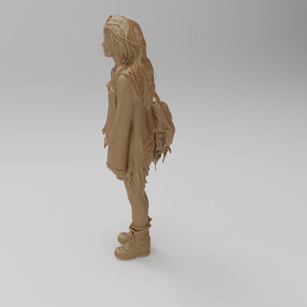 Unpainted 3D printed resin miniature of a young girl with a backpack, standing in a casual pose for diorama building.