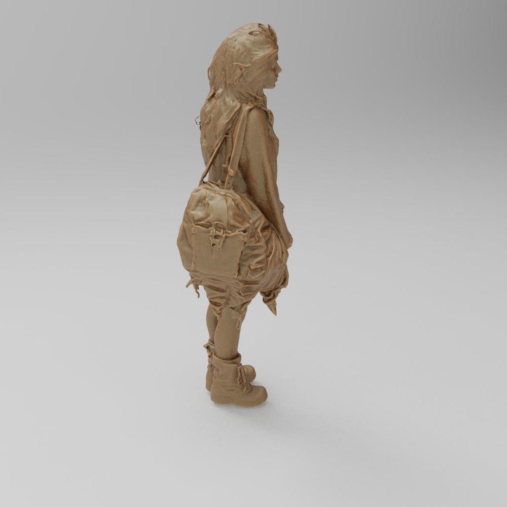 Unpainted terracotta-colored 3D resin miniature of a girl wearing a large backpack and boots for diorama modeling.