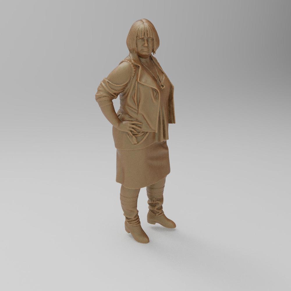 Unpainted terracotta-colored 3D resin model of a woman in a jacket, skirt, and boots for dioramas and model railways.