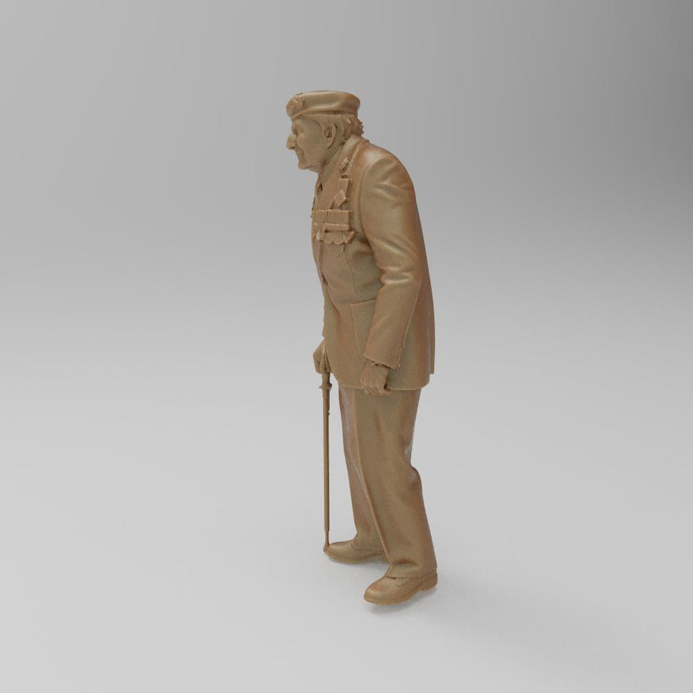 Unpainted terracotta-colored 3D resin miniature of an elderly military veteran standing with a walking cane.