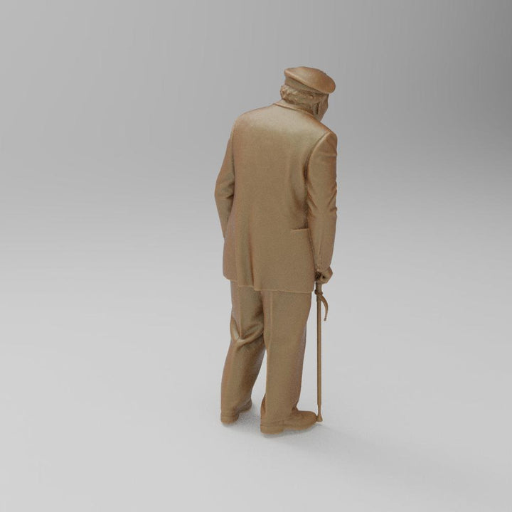 Unpainted 3D printed resin miniature of an elderly veteran in a suit and cap, standing with a walking cane.
