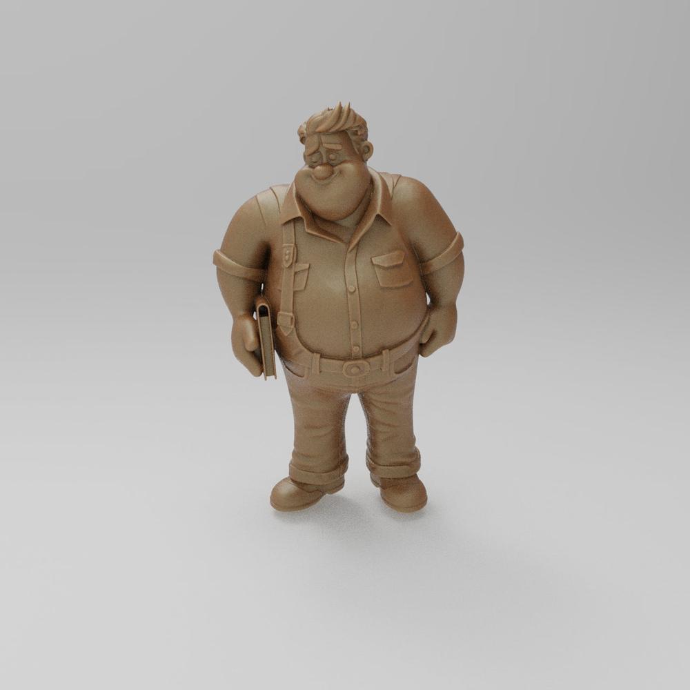 Unpainted 3D printed resin miniature of a cartoon-style man holding a book, terracotta clay color.