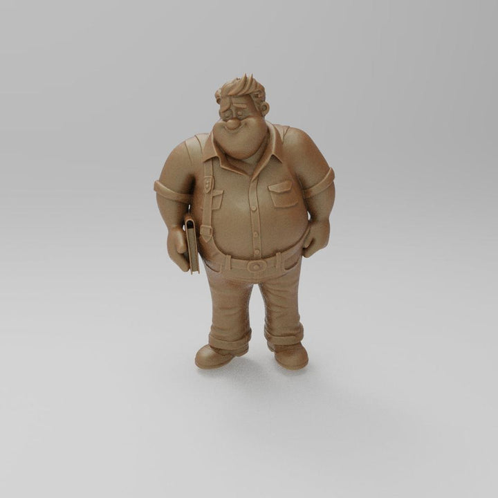 Unpainted 3D printed resin miniature of a cartoon-style man holding a book, terracotta clay color.