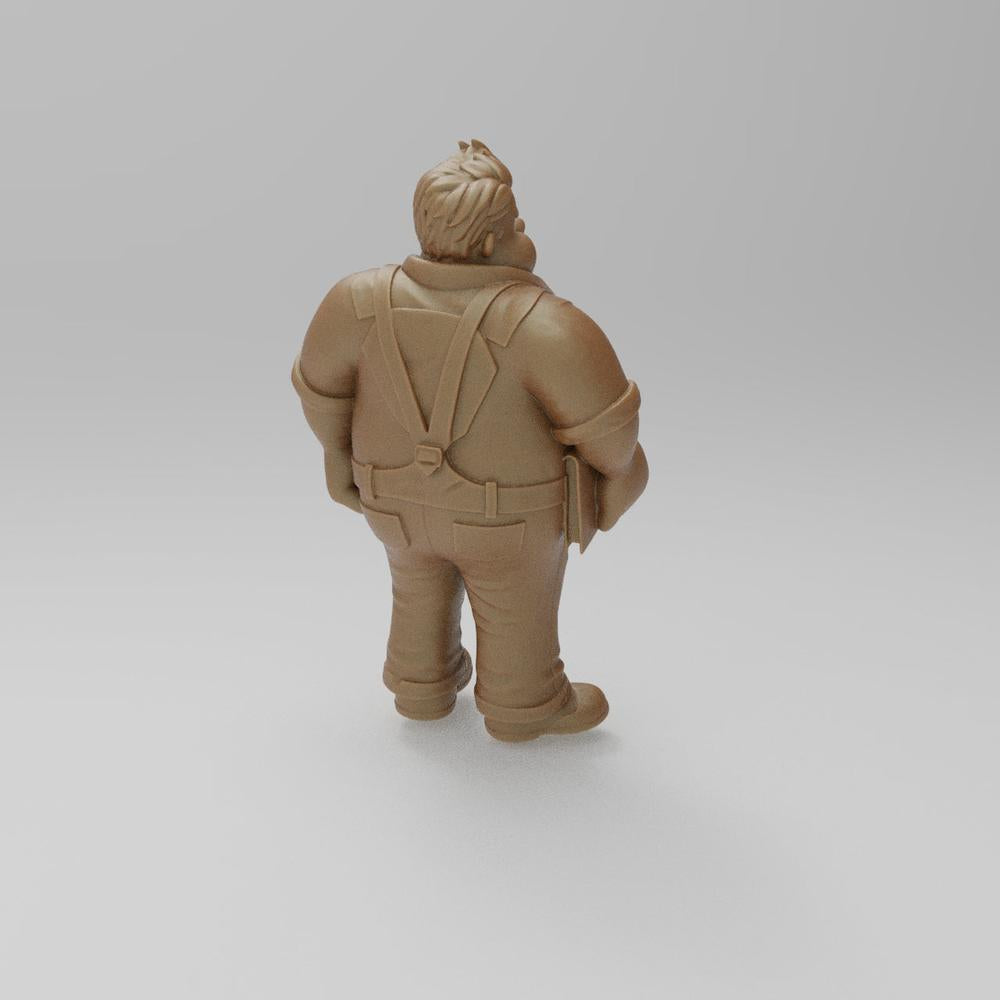 Unpainted terracotta resin 3D model of a cartoon man in overalls holding a book, viewed from behind.