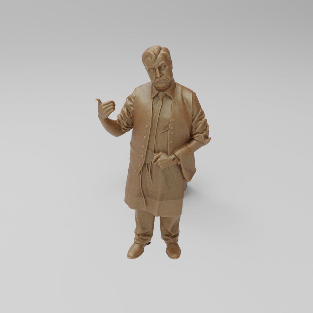 Unpainted 3D printed resin miniature of a French WW2 waiter in terracotta clay color for dioramas and model railways.