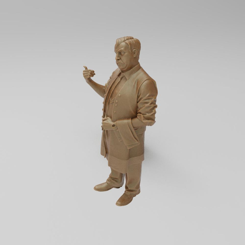 Unpainted 3D printed resin miniature of a WW2 French waiter in a clay-colored finish for diorama modeling.