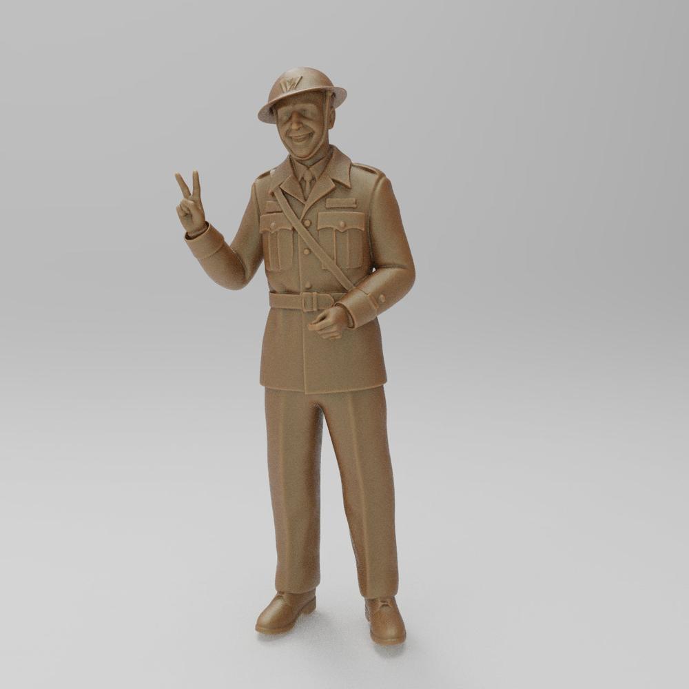 Unpainted 3D printed resin model of a WW2 ARP Warden in uniform making a victory sign gesture, terracotta color.