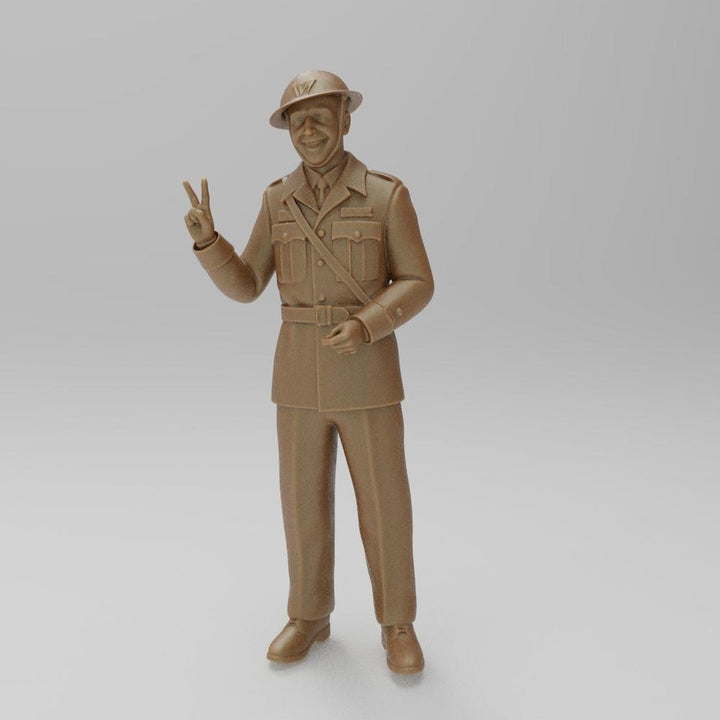 Unpainted 3D printed resin model of a WW2 ARP Warden in uniform making a victory sign gesture, terracotta color.