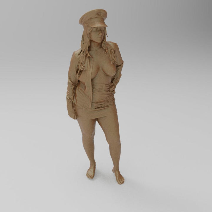 Unpainted terracotta resin 3D model of a woman in a cap, open jacket, and skirt for dioramas and scale modeling.