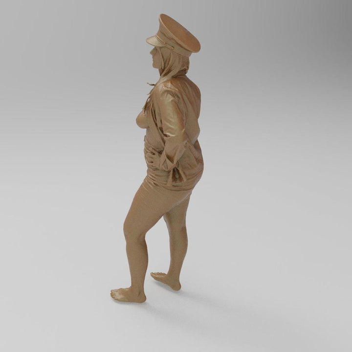 Unpainted 3D printed resin miniature of a woman in a cap and open top, standing barefoot in a neutral pose.