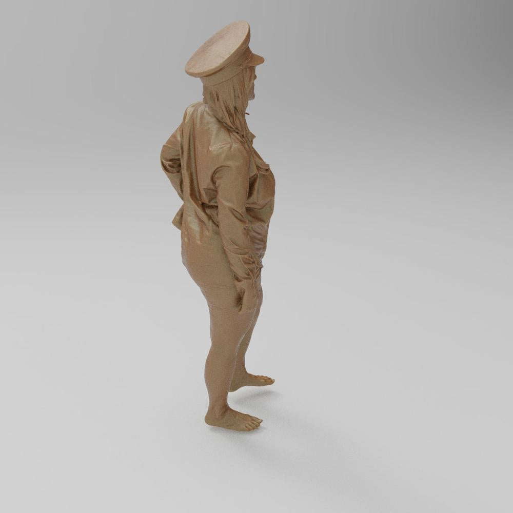 Unpainted terracotta-colored 3D resin model of a woman wearing a cap and an open top, side view.
