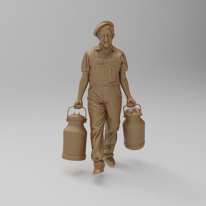 Unpainted 3D printed resin model of a farmer in a cap and overalls carrying two milk churns, clay-colored finish.