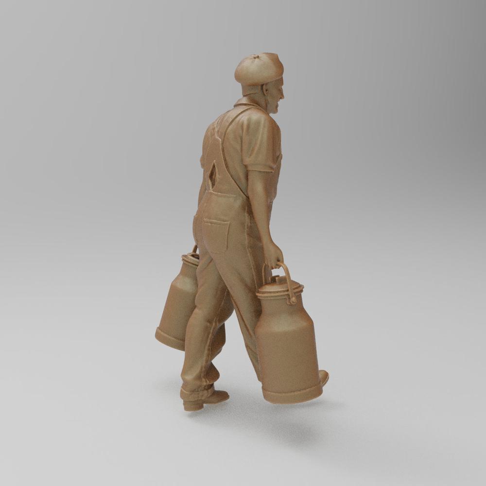 Unpainted 3D printed resin model of a farmer in overalls carrying two milk churns, terracotta clay color.