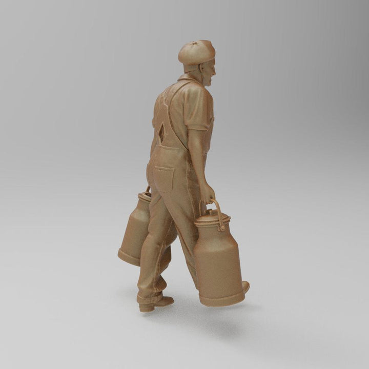 Unpainted 3D printed resin model of a farmer in overalls carrying two milk churns, terracotta clay color.
