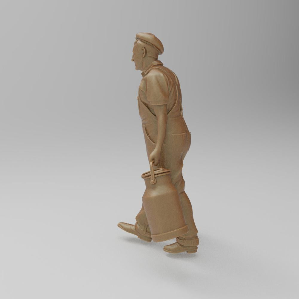 Unpainted terracotta-colored 3D resin model of a farmer in overalls carrying a milk churn for dioramas.