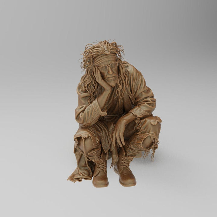 Unpainted terracotta resin 3D model of a drifter figure wearing tattered clothes, glasses, and a headband.