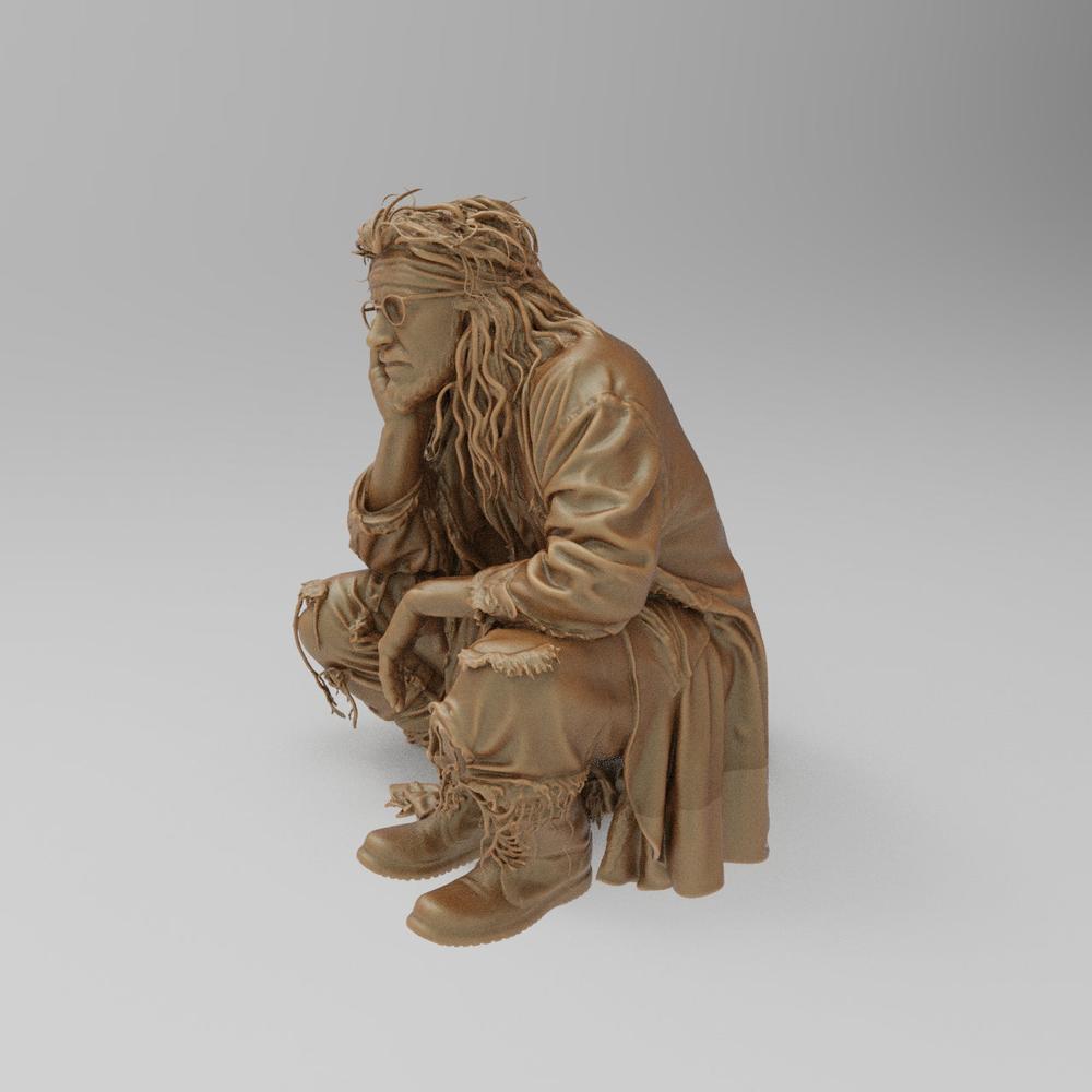 Unpainted terracotta resin 3D model of a crouching drifter figure with long hair, glasses, and worn, tattered clothing.