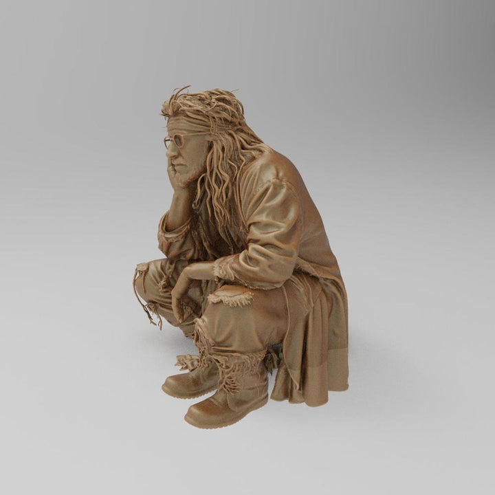 Unpainted terracotta resin 3D model of a crouching drifter figure with long hair, glasses, and worn, tattered clothing.
