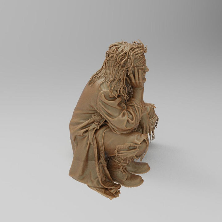 Unpainted terracotta-colored 3D resin model of a drifter figure crouching with hand to face in a detailed scale design.