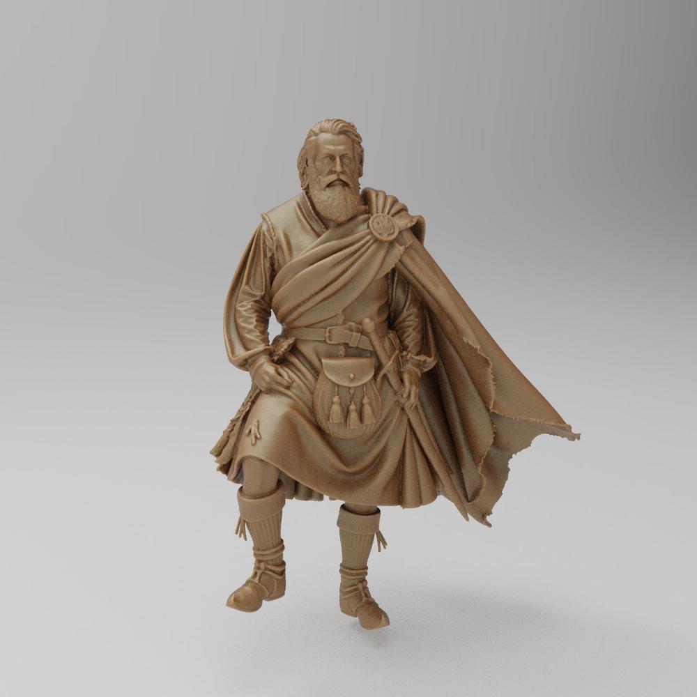 Unpainted terracotta resin miniature of a Scottish Highlander wearing a kilt, sporran, and cloak for dioramas.