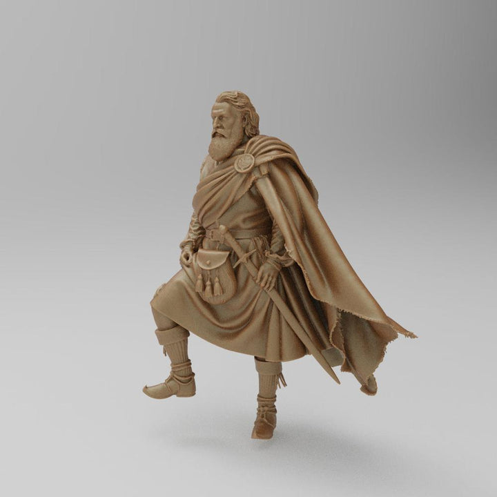 Unpainted terracotta resin 3D model of a Scottish Highlander warrior in traditional kilt, cloak, and sporran.