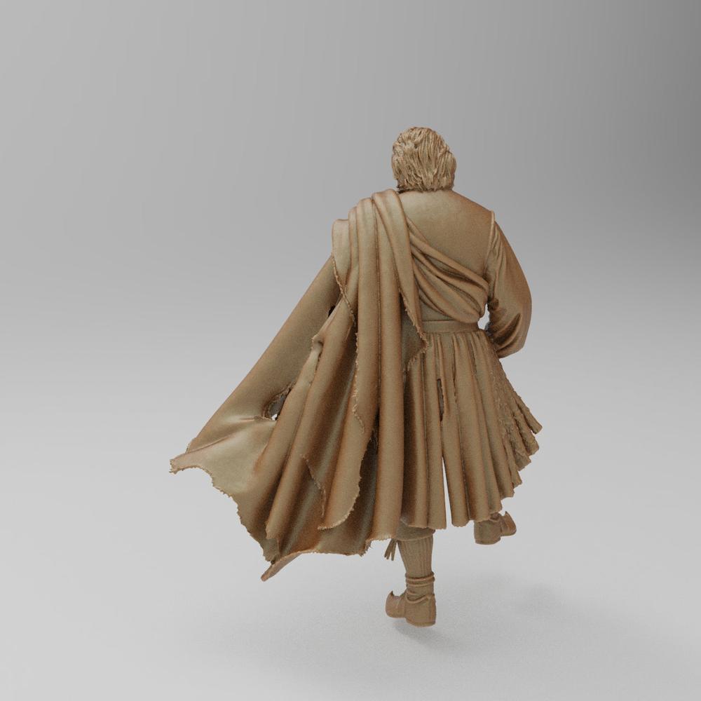 Unpainted 3D printed resin miniature of a Scottish Highlander wearing a kilt and flowing cloak, seen from behind.