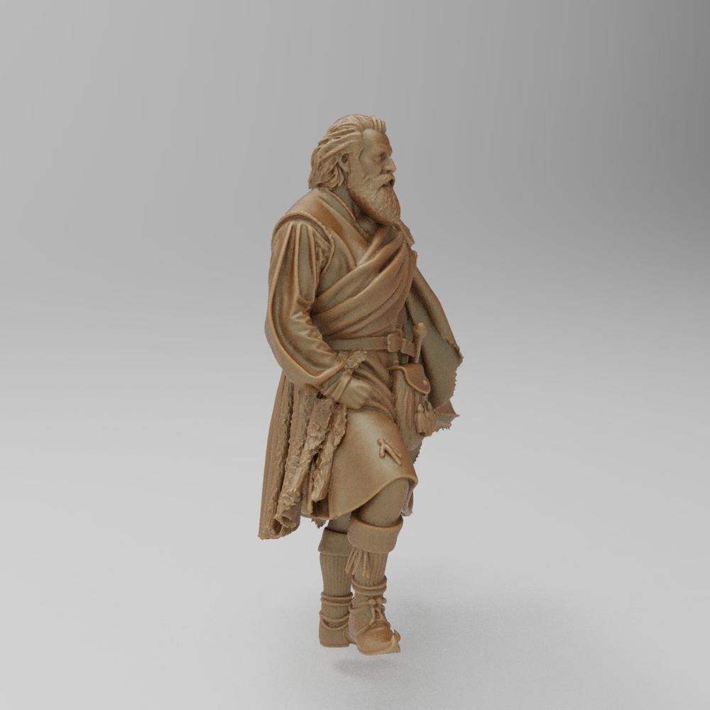 Unpainted terracotta resin 3D model of a Scottish Highlander figure in traditional kilt and cloak attire.