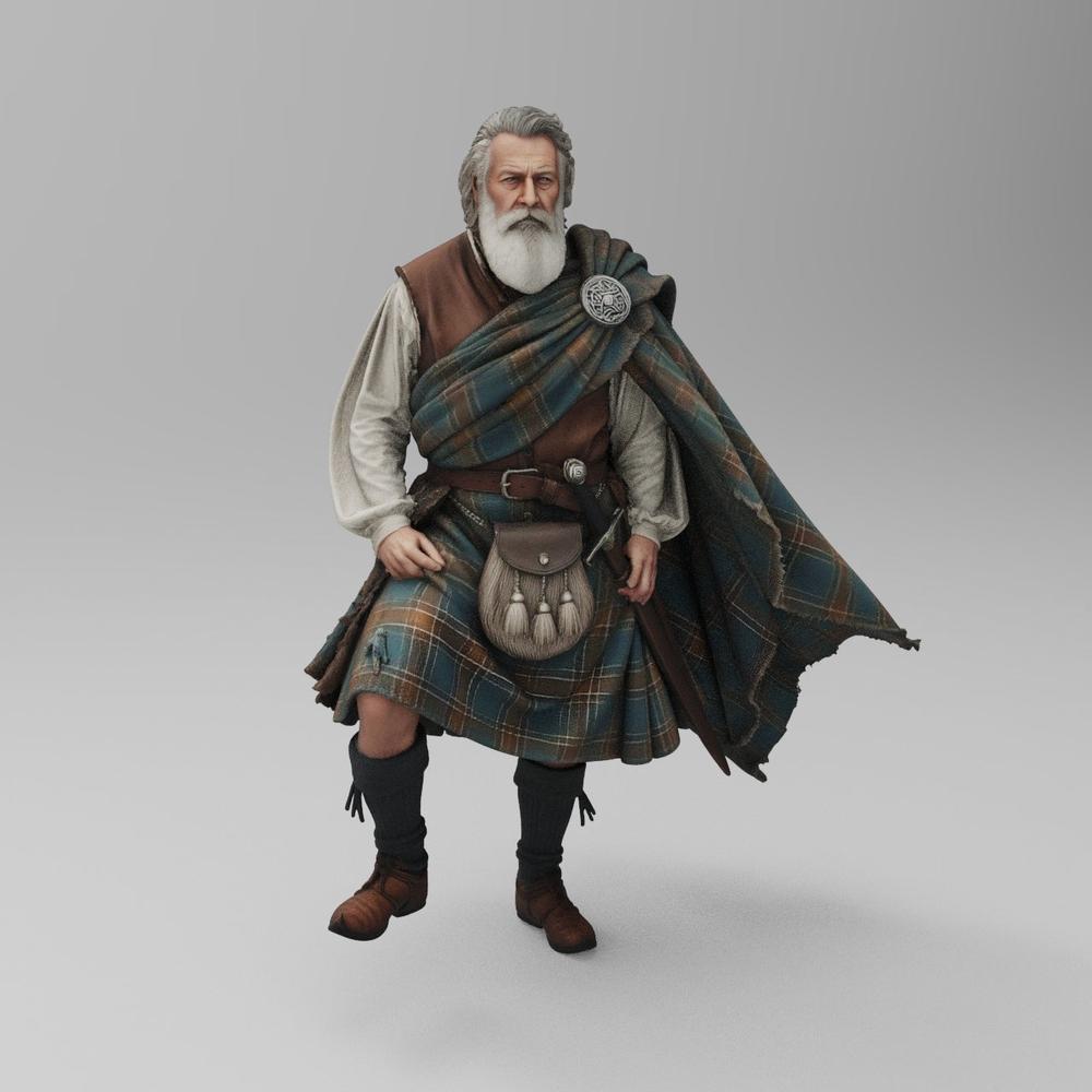 Detailed 3D printed scale model of a bearded Scottish Highlander in traditional tartan kilt, plaid, and leather sporran.