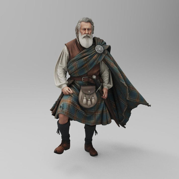 Detailed 3D printed scale model of a bearded Scottish Highlander in traditional tartan kilt, plaid, and leather sporran.