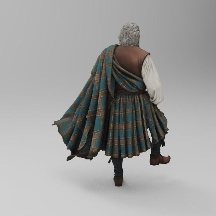 3D printed miniature of a Scottish Highlander wearing a blue and brown tartan kilt and plaid, viewed from behind.