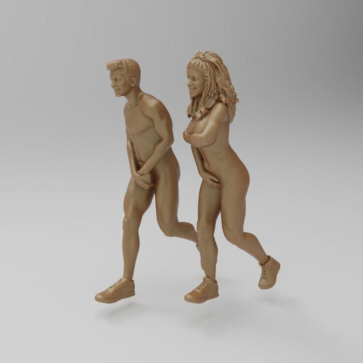 Unpainted 3D printed resin miniature figures of a man and woman running, in a matte terracotta clay color.