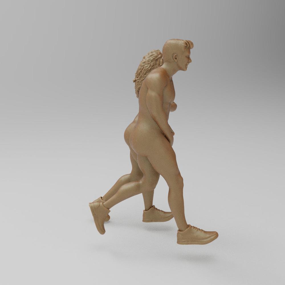 Unpainted terracotta-colored 3D resin model of two figures running, designed for dioramas and scale modeling.