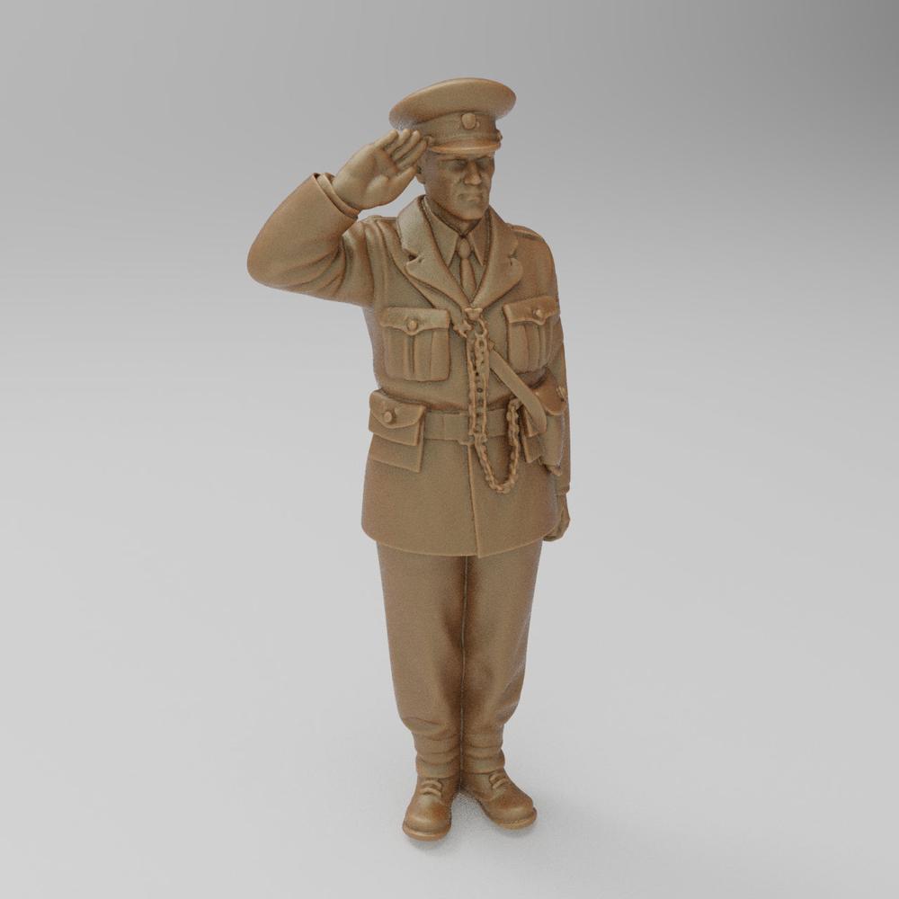 Unpainted 3D printed resin miniature of a WW2 RAF police guard in uniform saluting, terracotta clay color.