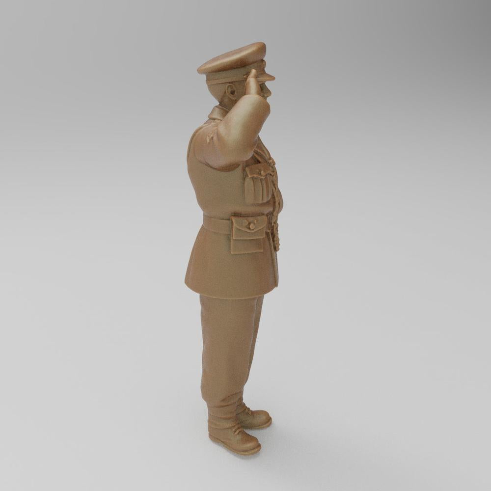 Unpainted terracotta resin 3D model of a WW2 RAF police guard in a saluting pose, side profile view.