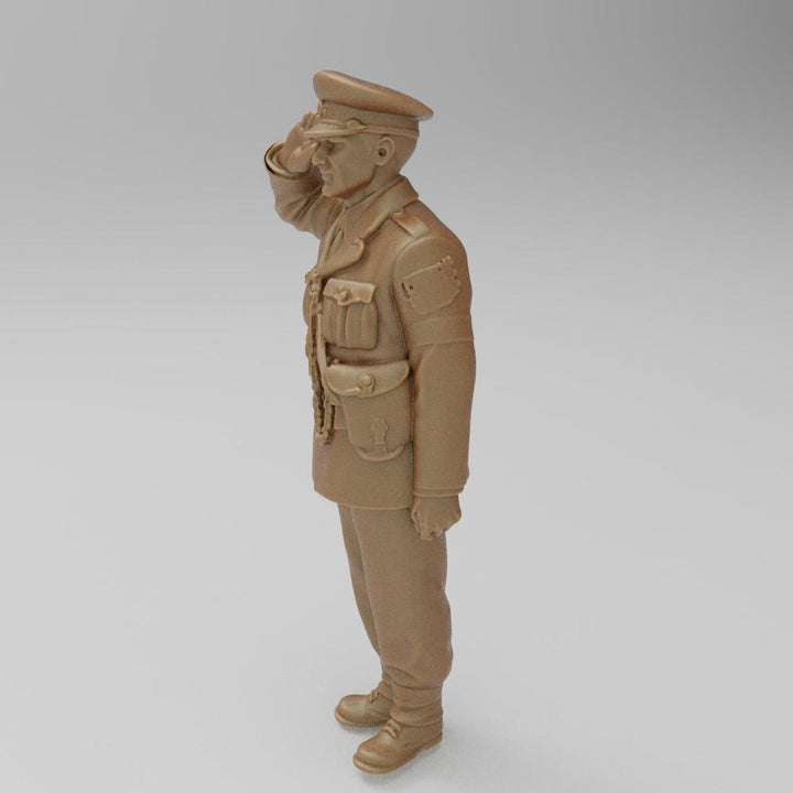 Unpainted terracotta resin 3D model of a WW2 RAF police guard saluting in uniform.
