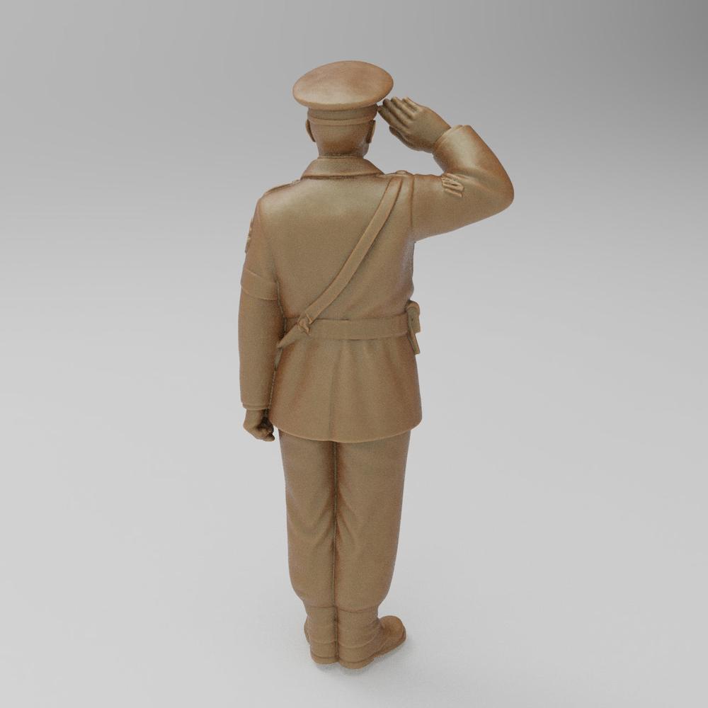 Unpainted 3D printed resin model of a WW2 RAF police guard saluting, shown from behind in terracotta clay color.