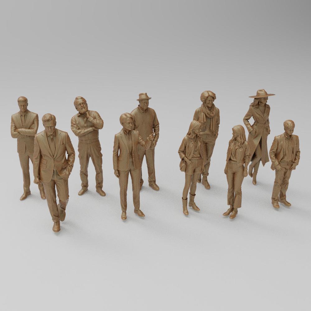 Set of nine unpainted, terracotta-colored 3D printed resin miniature figures of people in business and casual attire.
