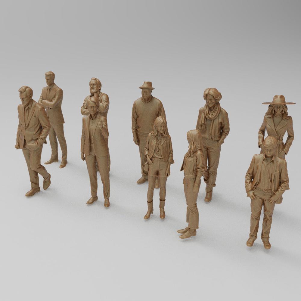Unpainted 3D printed resin miniature figures of a diverse group of people in various casual and formal outfits.