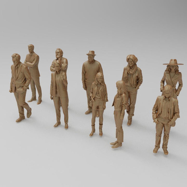Unpainted 3D printed resin miniature figures of a diverse group of people in various casual and formal outfits.
