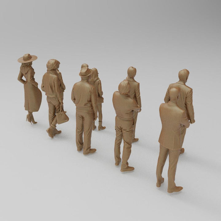 Unpainted 3D printed resin miniature figures of a group of people standing in a line, rendered in a terracotta clay color.