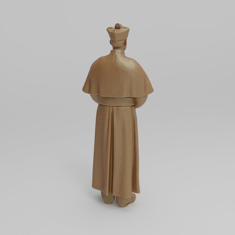 Unpainted terracotta-colored 3D printed miniature of a priest in traditional robes, viewed from behind.