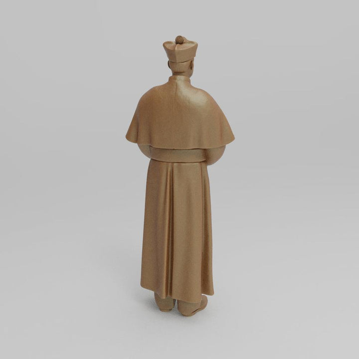 Unpainted terracotta-colored 3D printed miniature of a priest in traditional robes, viewed from behind.