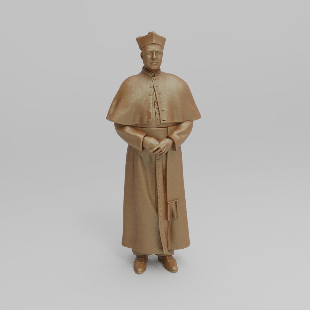 Unpainted terracotta-colored 3D printed miniature of a priest wearing a cassock and biretta for diorama modeling.
